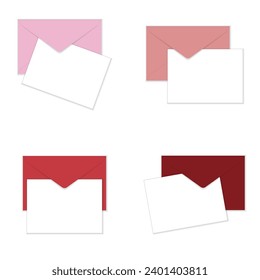 Greeting card mockup. Set of white horizontal greeting cards on pink and red envelopes flat lay top view mockup template. Isolated on white background. Vector illustration.