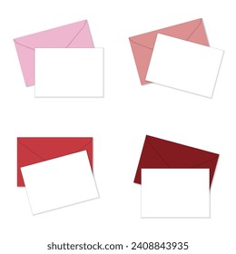 Greeting card mockup. Set of white horizontal greeting cards on pink and red envelopes flat lay top view mockup template. Isolated on white background. Vector illustration.