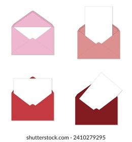 Greeting card mockup. Set of white greeting cards on pink and red envelopes flat lay top view mockup template. Isolated on white background. Vector illustration.