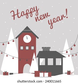 Greeting card in modern iconic flat style with cityscape silhouette and happy new year wish, temperate colors and marsala emphasis 