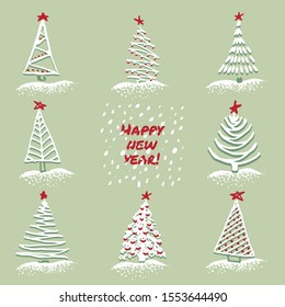 Greeting card Modern sketch set with trendy stylized christmas tree Isolated on background for winter holiday decoration design. Snowly forest Vintage style, flat color Abstract concept vector graphic