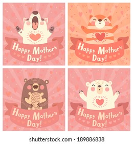 Greeting card for mom with cute animals. Vector illustration.