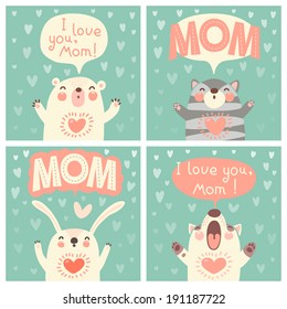 Greeting card for mom with cute animals. Vector illustration.