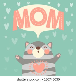 Greeting card for mom with cute kitten. Vector illustration.