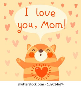 Greeting card for mom with cute kitten. Vector illustration.