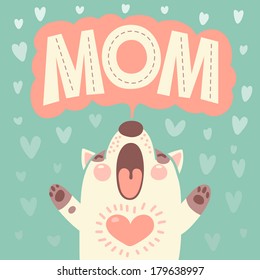 Greeting card for mom with cute puppy. Vector illustration.