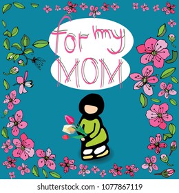 Greeting card for mom on Mother's Day or any other day. Decorated with tulips and peach blossoms. In the center there is an inscription in English "for my mom" and child with bouquet