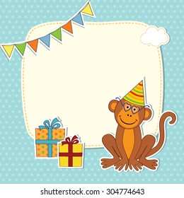 Greeting card with a monkey in a cap and glasses with gift boxes, frames and flags on a blue background with polka dots