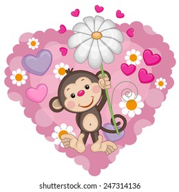 Greeting card Monkey with hearts and flower 