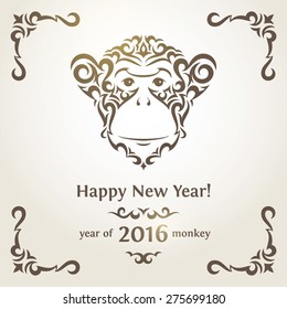 Greeting card with monkey - symbol of the New Year 2016. EPS10 vector illustration.