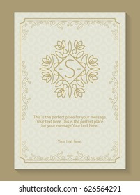 Greeting card with monogram logo and frame line style gold color on light vintage background for use banner of hotel label, spa service, business offer, wedding invitation etc. Vector Illustration