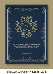 Greeting card with monogram logo and frame line style gold color on dark vintage background for use banner of hotel label, spa service, business offer, wedding invitation etc. Vector Illustration