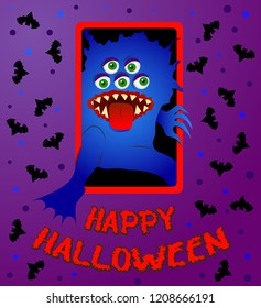 greeting card with a monster for Halloween on purple background