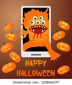 greeting card with a monster for Halloween on brown background