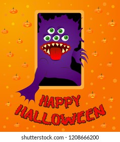 greeting card with a monster for Halloween on orange background