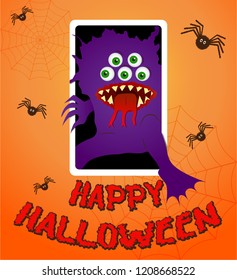 greeting card with a monster for Halloween on orange background