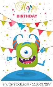 greeting card with monster on birthday, vector