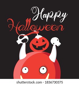 Greeting card with a monster and skulls on a black background for Halloween