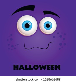 Greeting card monster Violet eyes. Funny Halloween Vector isolated illustration on blue background