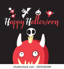 Greeting card with monsters and a skull for Halloween on a dark background