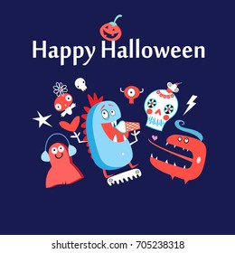Greeting card with monsters and skulls on a dark background