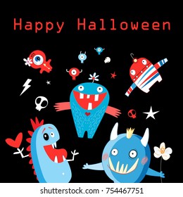 Greeting card with monsters and skulls on a dark background
