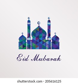 Greeting card with mosque silhouette formed from colorful geometric shapes isolated on white background for holy month of muslim Eid Mubarak.