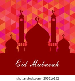 Greeting card with mosque silhouette on abstract colorful geometric background for holy month of muslim Eid Mubarak. 