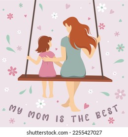 Tarjeta de saludo de una madre con su hija en un columpio. Maternidad, niñez, día de la madre, concepto familiar feliz. Ilustración vectorial para afiche, pancarta, postal, cartel.