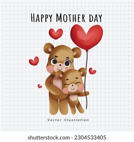Greeting card with mother teddy bear hugging her baby. Teddy bear hug mommy for mother day. vector illustration