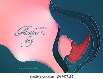 Greeting card with mother's day. Abstract paper cut hair, woman face, baby, holiday background. Vector illustration mothers day. Paper art