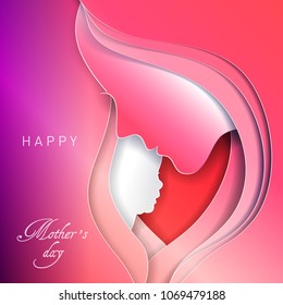 Greeting card with mother's day. Abstract paper cut hair, woman face, baby, holiday background. Vector illustration mothers day. Paper art