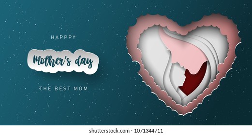 Greeting card with mother's day. Abstract paper cut hair, woman face, baby, holiday background. Vector illustration. Paper art