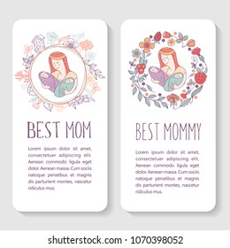 Greeting card mother's day. The best mom. A pretty mother holds cute baby. Linear illustration. Vector emblem. The floral pattern.