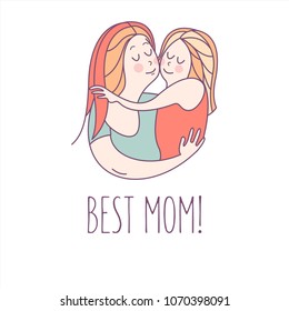 Greeting card mother's day. The best mom. A pretty mother holds cute baby. Linear illustration. Vector emblem. The floral pattern.