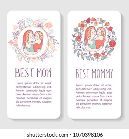 Greeting card mother's day. The best mom. A pretty mother holds cute baby. Linear illustration. Vector emblem. The floral pattern.