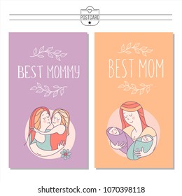 Greeting card mother's day. The best mom. A pretty mother holds cute baby. Linear illustration. Vector emblem. The floral pattern.