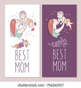 Greeting card mother's day. The best mom. A pretty mother holds cute baby. Linear illustration. Vector emblem. The floral pattern.