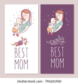 Greeting card mother's day. The best mom. A pretty mother holds cute baby. Linear illustration. Vector emblem. The floral pattern.