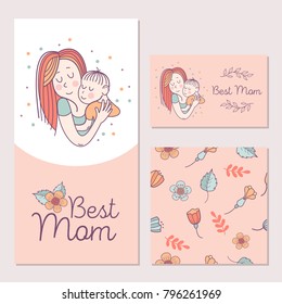 Greeting card mother's day. The best mom. A pretty mother holds cute baby. Linear illustration. Vector emblem. Floral seamless pattern.