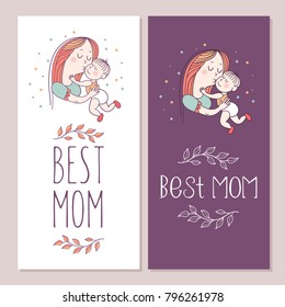 Greeting card mother's day. The best mom. A pretty mother holds cute baby. Linear illustration. Vector emblem. The floral pattern.