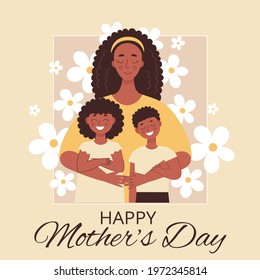 Greeting card for mother's day, birthday or international women's day. Women with children, family, people. Flat vector illustration