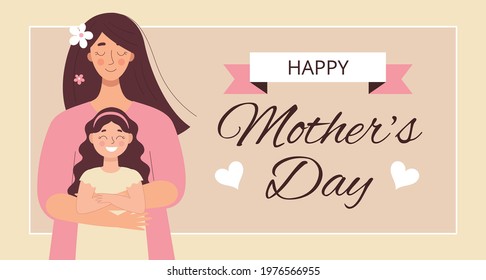 Greeting card for mother's day, birthday or international women's day. Women with children, family, people. Flat vector illustration