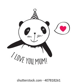 Greeting card for Mother's Day, birthday. Little cute panda with pink heart. Hand drawn illustration for your design. Doodles, sketch. Vector.