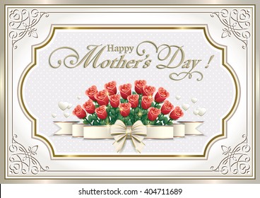 Greeting Card for Mother's Day with a bouquet of roses in a frame with an ornament