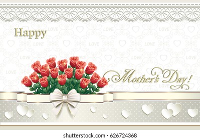 Greeting card for Mother's Day with a bouquet of roses on a background ornament