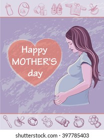 
Greeting Card Mother's Day . Congratulations to the expectant mother . The card is decorated with sketches of children's things