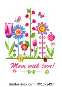 Greeting card for mothers day with funny spring flowers