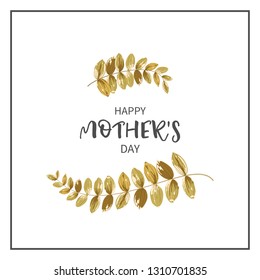 Greeting card mother's day with gold leaves. Composition of large exotic tropical leaves on a white background, close-up.Can be used for company logo.Vector illustration.
