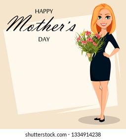 Greeting card for Mother's day. Happy attractive woman with a bouquet of flowers. Beautiful lady cartoon character. Vector illustration
